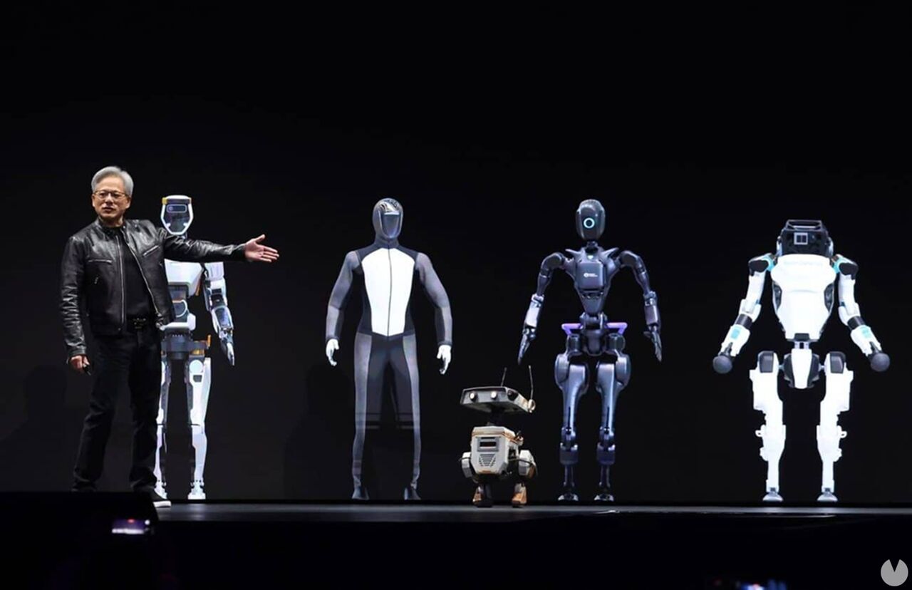 Fotograma de la presentación de los robots de inteligencia artificial de NVIDIA, con los modelos BDX y GR00T en el escenario