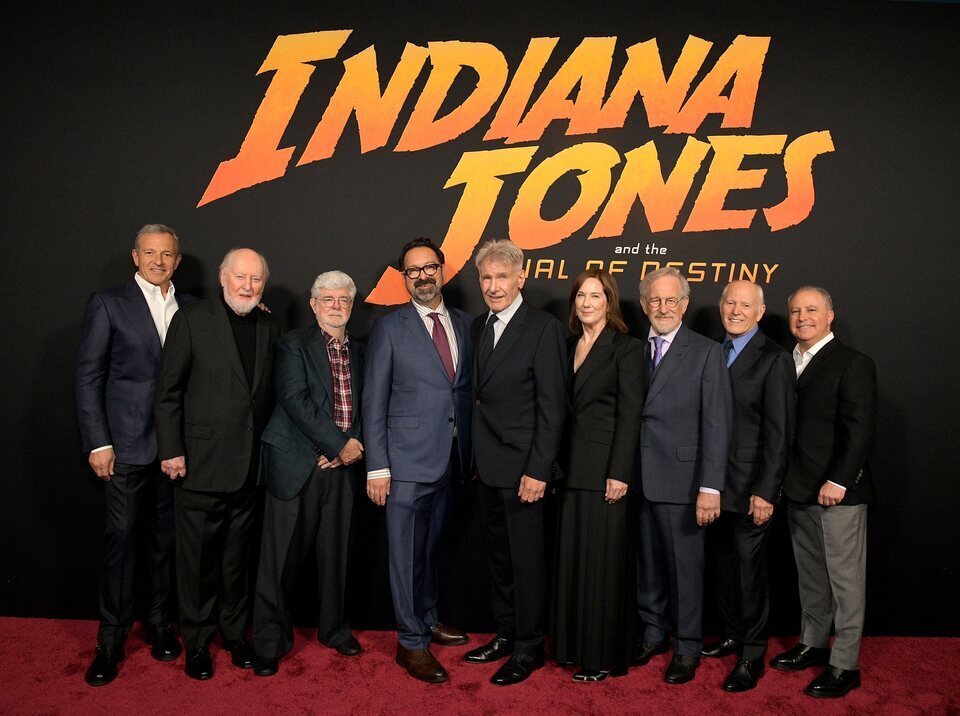 Bob Iger, John Williams, George Lucas, James Mangold, Harrison Ford, Kathleen Kennedy, Steven Spielberg, Frank Marshall y Alan B